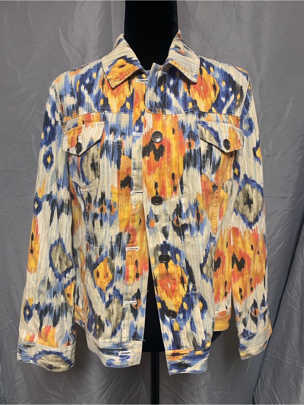 Chico's Multicolor Ikat Denim Jacket - Cream, Orange & Blue